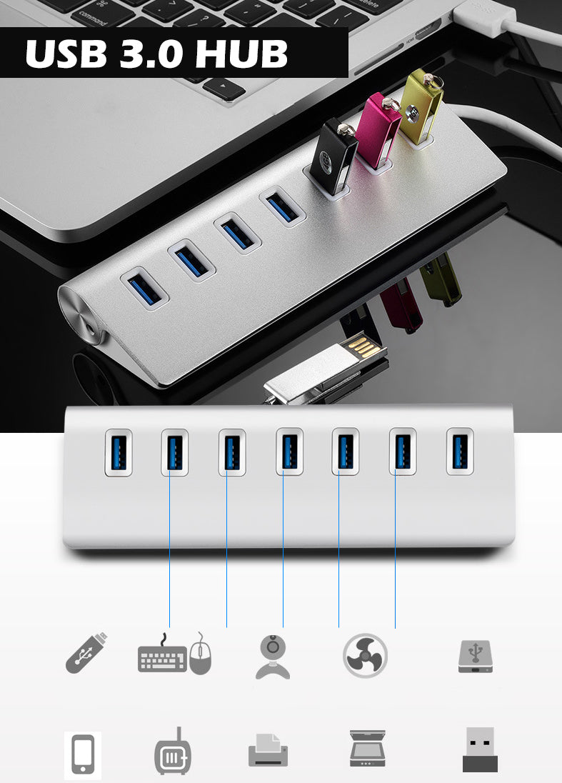 EDWIN aluminum alloy multi-port USB splitter USB3.0 7 in 1 hub for computer