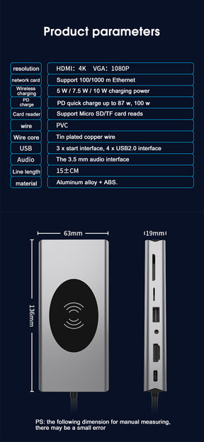 EDWIN 1080p hdmi usb2.0 3.0 rj45 vga wireless charging 15 in 1 type-c hub docking adapter