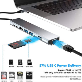 EDWIN PD charge with ethernet to rj45 8 port usb 3.0 hub type c adapter