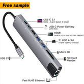 EDWIN PD charge with ethernet to rj45 8 port usb 3.0 hub type c adapter